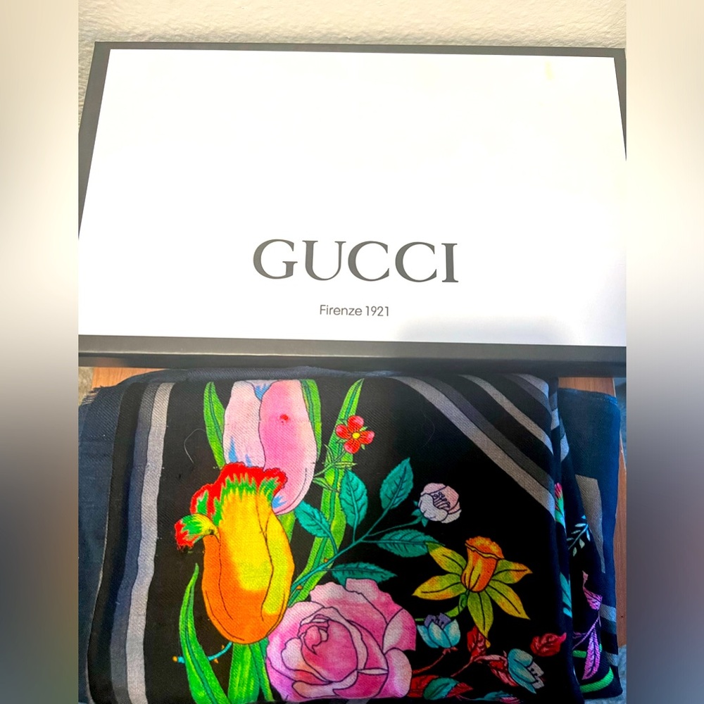 Gucci floral cashmere shawl.